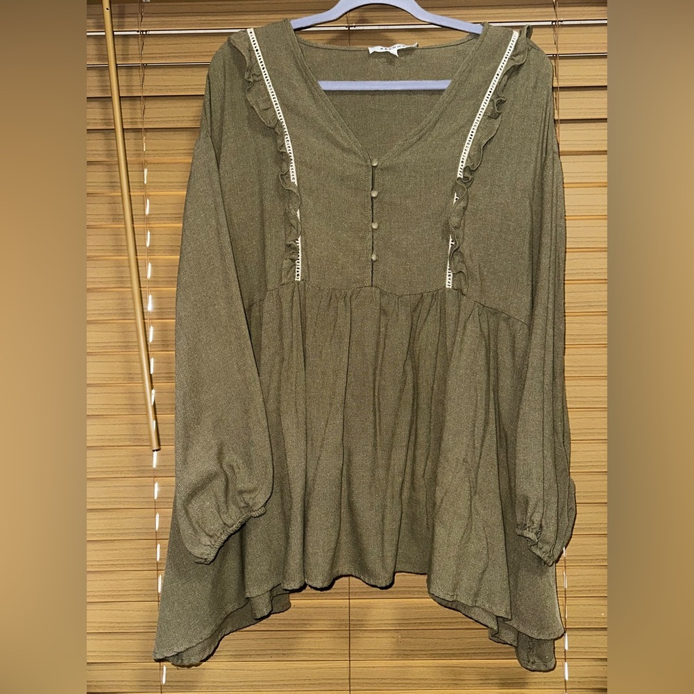 Women’s Olive Green Boho Ruffle Long Sleeve Tunic Top 2X